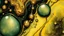 Placeholder: art illustration in the style of Luis Royo, large droplets of viscous and syrupy fluid, burnished jade, golden yellow, ink black
