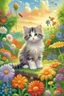 Placeholder: Imagine a cute kitten sitting in a garden surrounded by flowers. The kitten has a fluffy coat with a mix of colors—perhaps white, gray, and orange patches. It's holding a playful pose, with its tail curled around it. The garden is filled with vibrant flowers of different shapes and colors. The sun is shining in the sky, casting a warm glow over the scene.