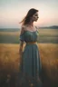 Placeholder: A mysterious brunette woman with sharp cheekbones is standing in a field in Thuringia at dawn. She is wearing a mustard linen dress and seen from afar. The sky is pale blue. The photo is taken with an iPhone. volumetric lighting