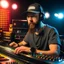 Placeholder: A short brown beard DJ with a baseball hat on his head, sing at microphone, many electronic consoles at club, laser lights, FRONT VIEW