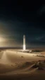 Placeholder: realistic photo of a landscape covered in sands that looks futuristic with futuristic lighting, a rocket base ready to be launched in the space