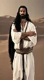 Placeholder: An Arab man in the desert, tall and strong, with long black hair and a thick beard. A long face, a large nose, a thick face, and sharp black eyes. A solid and muscular body with a strong build.