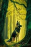 Placeholder: In the heart of a dense and enigmatic forest with towering ancient trees cloaked in emerald, yellow foliage stands a common beech In front of the tree roams a majestic canine of Belgian shepherd lineage its eyes illuminated by an otherworldly crimson