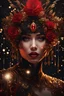 Placeholder: black and red and gold theme, close-up bioluminescent sparkling face of a woman surrounded by gold sparkles and black flowers, crimson red dyed face, expressive and mysterious, universe in eyes, eyes pointed upwards, in a mysterious dark landscape, detailed matte painting, fantastical, intricate detail, splash screen, colorful, fantasy concept art, 8k resolution, Unreal Engine 5, centered, high contrast sharp focus, black and red theme, glossed and polished