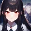 Placeholder: Clear focus,High resolution, black long fluffy hair, long fluffy bangs, red eyes, wearing a lab outfit, extreme close up, evil smile