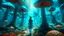 Placeholder: woman walking through Alien mushrooms with jellyfish tentacles, floating through an alien forest, in a huge cave, floor covered in mushrooms, photorealistic, Deep Colour, Intricate Detail, sunshine, blue sky