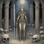 Placeholder: [art by john bauer] In the dark depths of the ruins of an ancient lost kingdom, Valkira, a legendary warrior, strode fearlessly among the giant skulls scattered across the ground. Armed with her enchanted sword and clad in light yet sturdy armor, she was the last of her order, known for her bravery and combat prowess. Each skull represented a past battle, vanquished enemies, and secrets buried under layers of dust and death. Valkira was not here by chance. An ancient prophecy spoke of an artifac