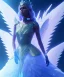 Placeholder: A crystalised queen, atmospheric, realistic, unreal engine, cinematic lighting, octane render. blue, pink, transparency, light, shine,bright, full body, transparent wings, blonde, long hair