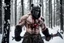 Placeholder: A strong man standing in cold windy snowy forest, shirtless, body scars, bloody, bear paws scars on chest, wearing a knight helmet face covered, carrying an axe