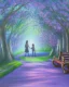 Placeholder: park mystical dream, park bench, man, woman, child, dog, trees, path, bird, sunshine, mystical, fantasy, romanticism, pastel colors, daylight, daytime, acrylic painting, detailed,