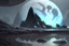 Placeholder: Grey Exoplanet in the hotizon, rocks, Night, lagoon reflection, sci-fi, epic, otto pippel painting