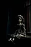 Placeholder: looking at the camera a high realistic porcelain doll, old, dirty with old dress, sitting on shelf, in background blur cracked window. The figure has cracked face and head, and big black eyes. High contrast, cinematic, thriller, dark, atmospheric. Surreal style , perfect composition, sharp focus, intricate details, crepy stunning