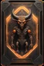 Placeholder: sacred geometry framed playing card, black and orange minotaur gremlin with shadows boss card in the style of Giger and fallout 4 ,,bokeh like f/0.8, tilt-shift lens 8k, high detail, smooth render, down-light, unreal engine