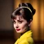 Placeholder: Audrey Hepburn with yellow flowers for hair, face detailed, closed eyes, rtx, reflection, 8k, glow, winning photography, caustics