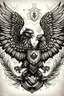Placeholder: realistic depiction of the albanian double headed eagle as a tattoo, underneath the eagle the words ''Vini - Vidi - Vici'' are written with dots in between each word, and it curves perfectly with the albanian eagles wings as a wholesome and unique tattoo piece.