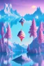 Placeholder:  mountain topped with pink ice-cream, lake, trees, mystical, Dada,