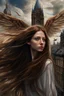 Placeholder: A realistic portrait of an Angel flying over London with long Aubern hair