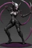 Placeholder: female gray skin, Shadar-Kai wielding a Whip made out of black thorns, clothes with a dark rose theme