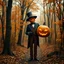 Placeholder: Pumpkin king in 1920s suit in an autumn forest spooky