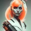 Placeholder: A beautiful portrait of a cute cyberpunk woman facing camera orange color scheme, high key lighting, volumetric light high details with white stripes and feathers