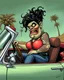 Placeholder: Consuela fat disgusting Mexican woman in a tank-top and jeans, illustrated in a RAT Fink Ed Roth's monsters Style driving a convertible car, big head with small body, cholla with face tattoo