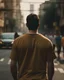 Placeholder: A man standing in a busy road wearing a tshirt facing his back towards the camera and peeking over the shoulder, hd, artistic, cinematic