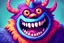 Placeholder: closeup of a smiling monster's face, big teeth, fur, bumps and horns, my pet monster inspiration, urban character design