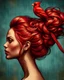 Placeholder: Create an image of a woman in profile view with vibrant red hair styled in an elaborate updo. On top of the hair, place a bright red cardinal bird perched gracefully. The background should be a textured teal color that provides a contrast to the warm tones of the hair and bird, enhancing the overall artistic appeal of the composition.