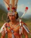 Placeholder: Guaicaipuro, native american god, 30 years old, Muscular warrior, red feathers headdress, shirtless, fearce look