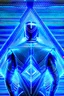 Placeholder: neon blue, floating triangle of light orbiting behind the back, cyber armor, geometric patterns on armor, male, orbiting triangle