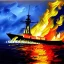 Placeholder: Impressionism painting, paint, warship burning, fire, ocean, night