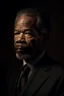 Placeholder: An extremely formal, funeral program on darkest bronze deeply pigmented velvet paper with brilliant, brightest heavy golden fonts, with a photograph on the front of the program of an strikingly handsome slightly tanned Biracial Black man of 50 years of age, with a slightly gray goatee dressed in a very dark conservative suit and tie, the photograph has a dark brown background or dark brown drapery background, simple, minimalistic, less element, very dramatic lighting