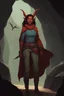 Placeholder: A DnD character. A female horned Tiefling ranger with pointy ears standing in a cave. The Tiefling has curly hair and a little pterosaurs on her shoulder.