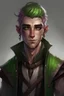 Placeholder: Young male wood elf, rogue, light brown skin, bright green eyes, mauve hair, black leather, mischievous