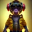 Placeholder: Monkey toddler, steampunk headphone, sunglass, gangsta neckless, full body, yellow puffer jacket, tokio background, dramatic lighting, hyper realistic, unreal engine 5, 16k