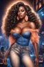 Placeholder: create an airbrush illustration of a curvy black female wearing Tight blue jeans and a peach off the shoulder blouse. Prominent make up with long lashes and hazel eyes. She is wearing brown feather earrings. Highly detailed long black shiny wavy hair that's flowing to the side. Background of a night club.