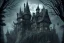 Placeholder: one Wednesday Adams, black and white, tall narrow scary house , pointy roof, cursed trees , dense dark forest, spiders, bats, bones, Escher style