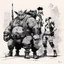Placeholder: [traditional Chinese brush, expressive line, ink washes] Tank Girl with Bebop and Rocksteady: This body finds pleasure in his movement wish to walk with my head so high my shoulders back bum carefully encasing the head of my femur, wish my body to move like my trainer's.