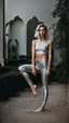 Placeholder: anorexic yoga woman, androgynous, model body, satin silver leggins, short satin silver yoga top, medium length wavy bob haircut, head and body towards camera