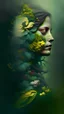 Placeholder: mother nature in a form of a beautiful woman, side portrait , a lot of flowers, very smooth colors, dark green and yellow, fog