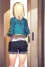 Placeholder: blonde girl with short jacket and shorts runs in a corridor, back view, line arts, manga style