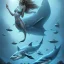 Placeholder: sango fantasy, fantasy magic, intricate, sharp focus, illustration, highly detailed, digital painting, concept art, matte, artgerm and paul lewin and kehinde wiley, masterpiece sexy lips African lady fish body mermaid turquoise space lady beach sea under water great white shark mermaid