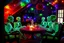 Placeholder: Glowing Halloween skeletons having a tea party in the haunted house attic. Colorful string lights and festive decorations create a spooky magical atmosphere