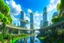 Placeholder: A futuristic alien city, with balconies, verandas, many arches, bridges, spires, paths, trees, dense foliage, Spanish moss, ivy, river, blue sky, white clouds.industry revolution new age, new-age theme, hyper realistic city with galaxy sky