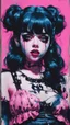 Placeholder: Poster in two gradually, a one side malevolent goth vampire girl face and other side the Singer Melanie Martinez face, full body, painting by Yoji Shinkawa, darkblue and pink tones,