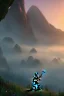 Placeholder: dark elf man, lord of the rings, forest, sunset, mystic, fog render unreal, cave exit, mountain, 2 scimitars