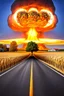 Placeholder: top right is a nuclear explosion mushroom cloud that looks like a autumn tree full of leaves, leaves falling everywhere. bottom 2/3 is a road through a wheat field, a wind is blowing away from the tree. a commercial building is on the middle left