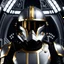 Placeholder: star wars bald male corellian pilot wearing gunmetal grey and black First Order special forces TIE pilot armored flightsuit and helmet with gold trim inside the jedi temple, centered head and shoulders portrait, hyperdetailed, dynamic lighting, hyperdetailed background, 8k resolution, volumetric lighting, light skin, fully symmetric details