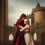 Placeholder: A photo realistic portrait of a stunning blonde girl and muscular dark haired man in a lovers embrace standing in front of a medieval castle