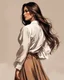 Placeholder: Drawing of a well-dressed Latina woman with a full shirt and long skirt, with long loose straight hair, brown, completely with her back to the camera, face completely with her back to the camera, (((face cannot be seen))), with head tilted very forward looking at navel